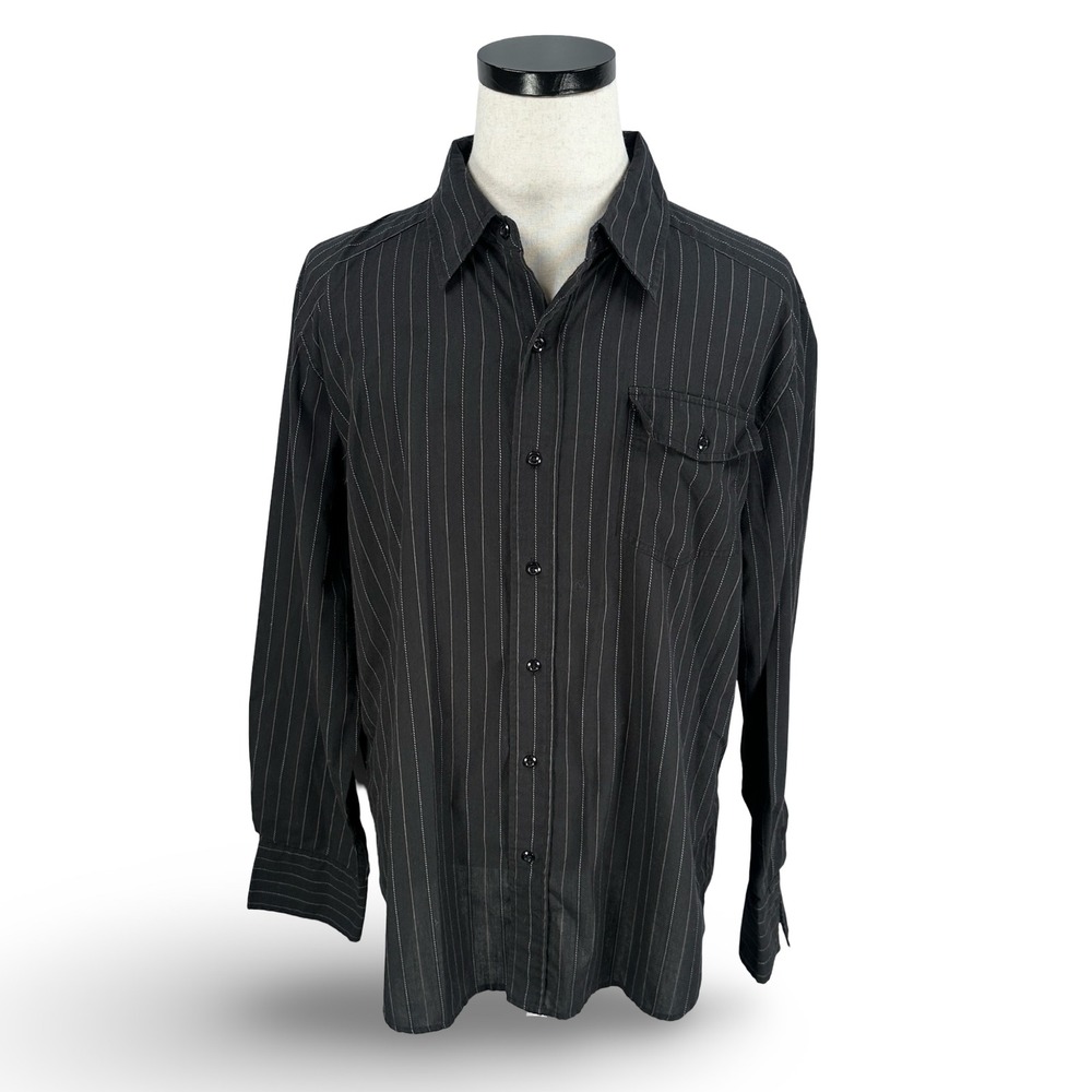 Machine Y2K Mens‎ Large Black Striped Long Sleeve Eagle Graphic Button Shirt
